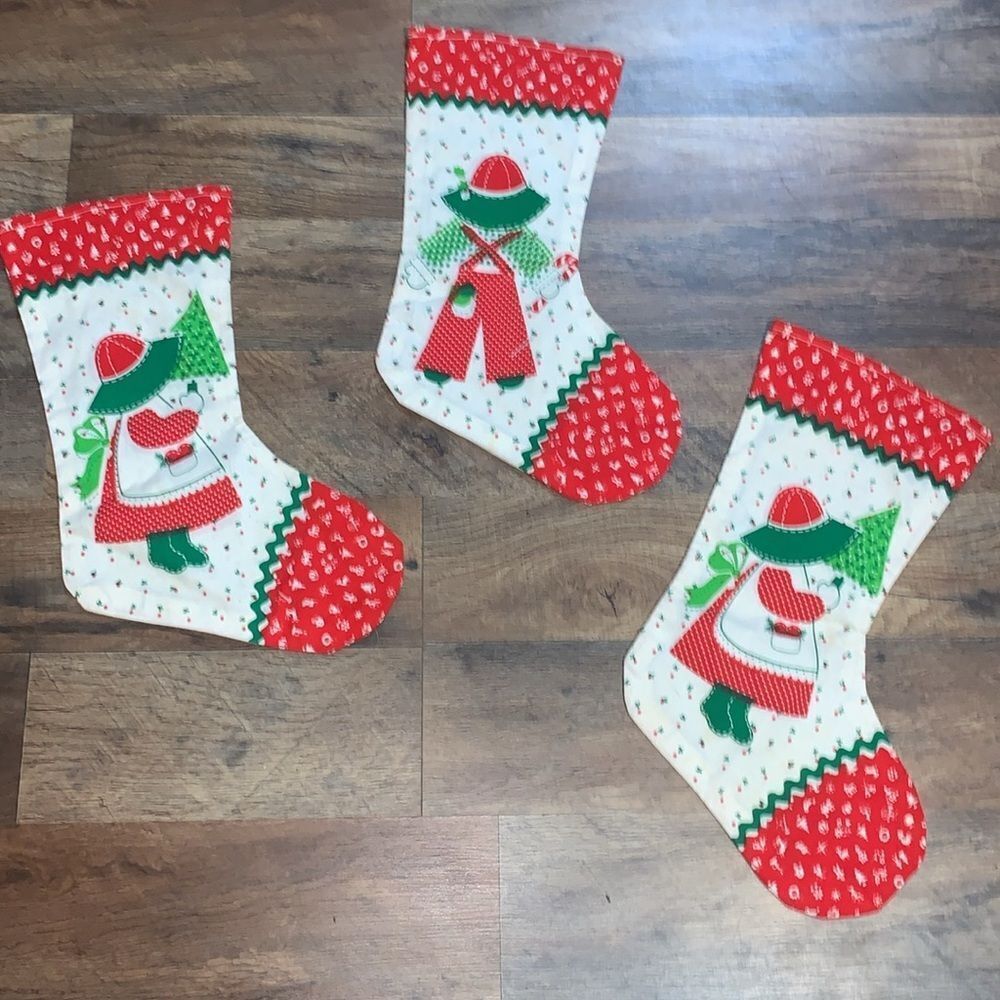 Set of 3 Vintage 1970s Handmade Cotton Christmas Stockings Retro Holiday Decor